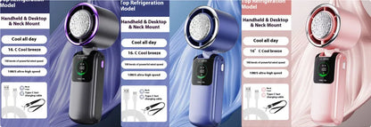 Blue USB rechargeable handheld folding fan with a neck strap and speed control buttons