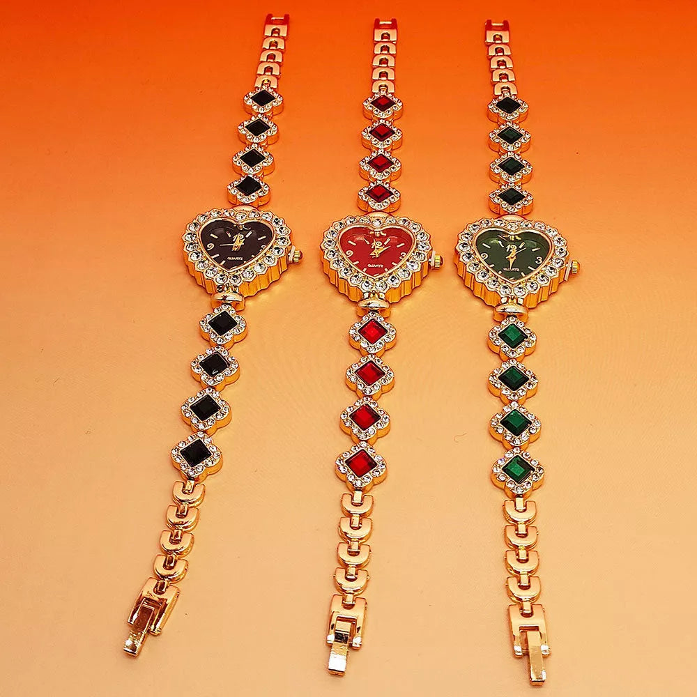 Women's Fashion Love Shape Bracelet Watch Set with Diamond Colored Heart in red, green, and black