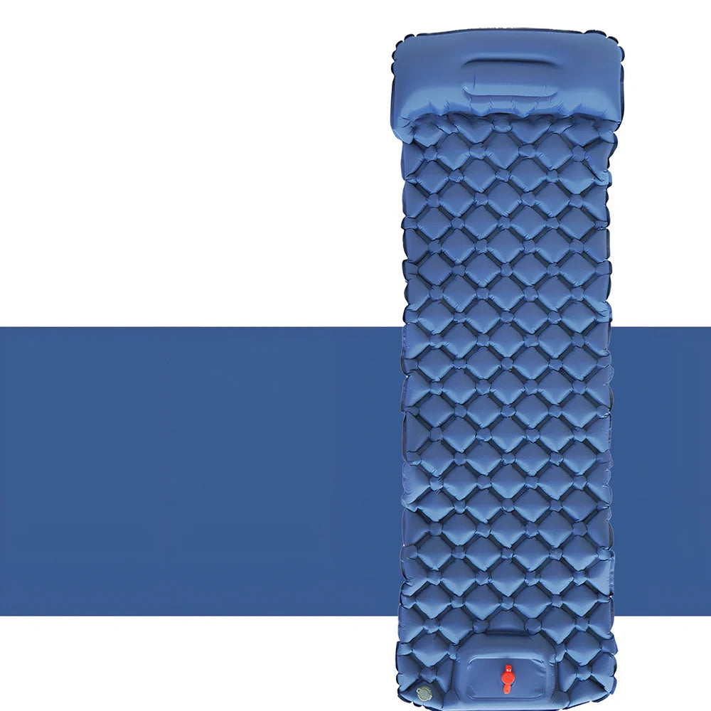 LT-88 navy blue inflatable sleeping pad showing 190cm length and integrated foot strap pillow design