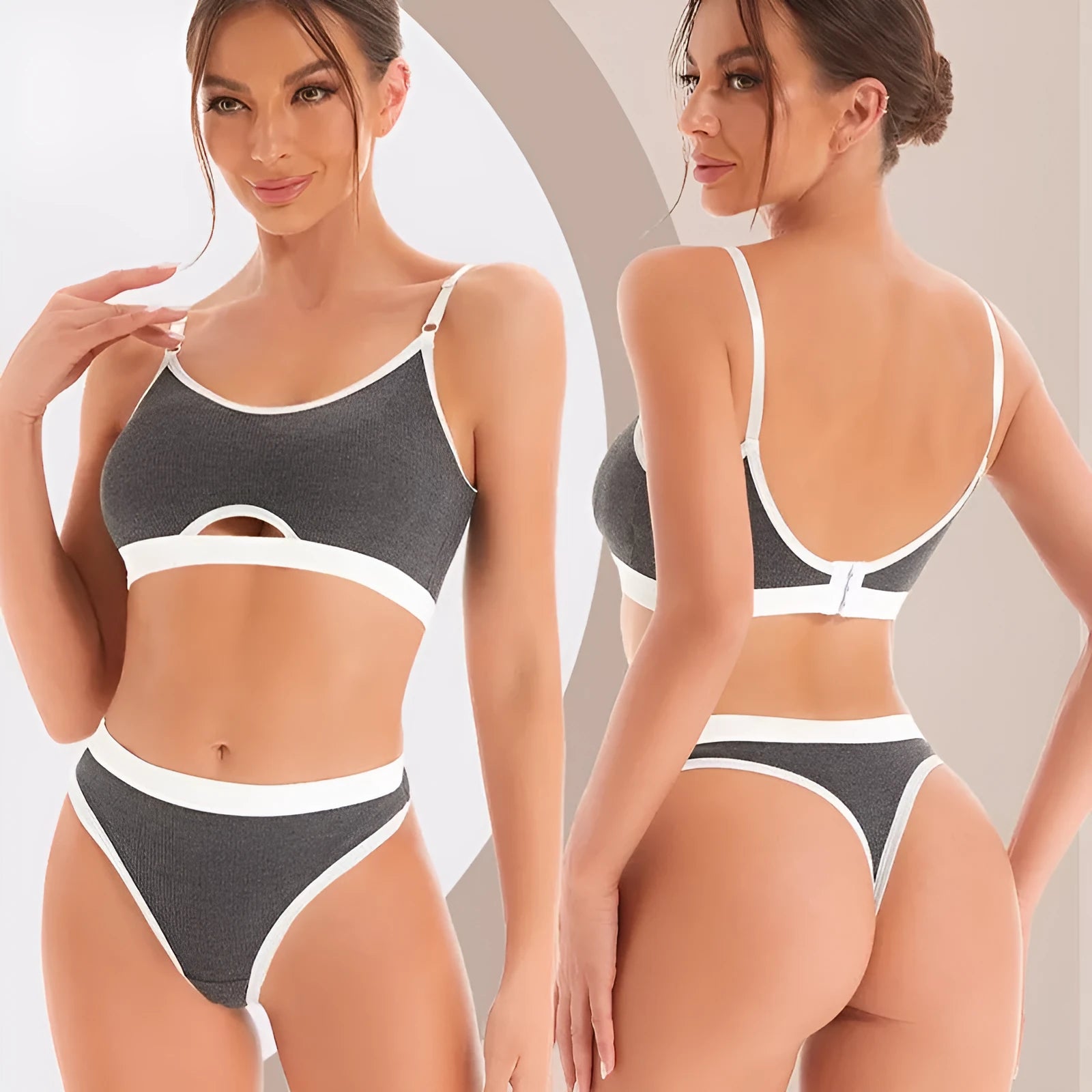 White sports bra and briefs set with thin moulded cups and double shoulder straps on a grey background.