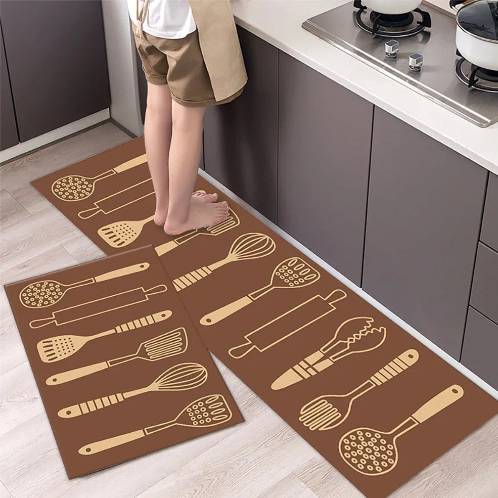 Rectangular polyester kitchen floor mat with machine-woven texture in modern design