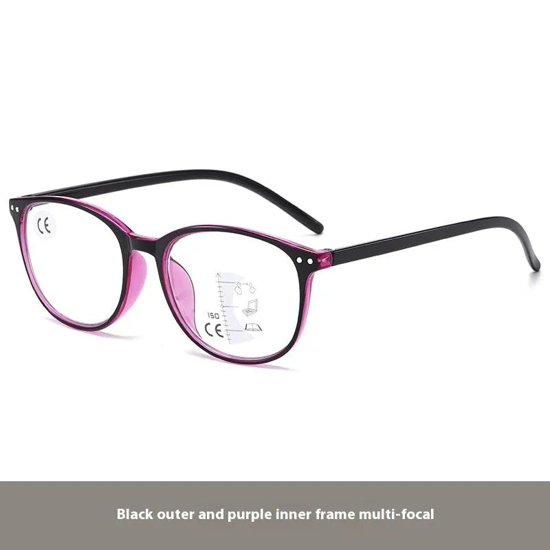 Women's multi-focus presbyopic glasses with adjustable nose pads and spring hinges in black and blue frame