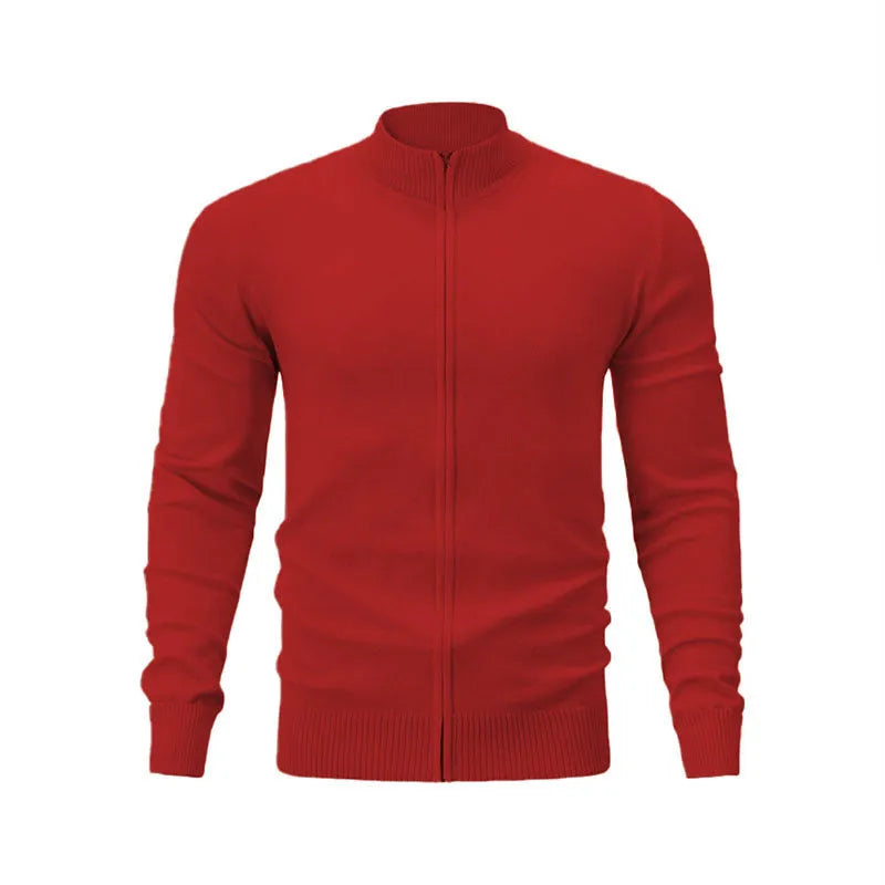 Casual zip-front cotton sweater with a stand collar shown in a solid colour.