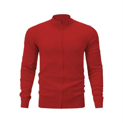 Casual zip-front cotton sweater with a stand collar shown in a solid colour.