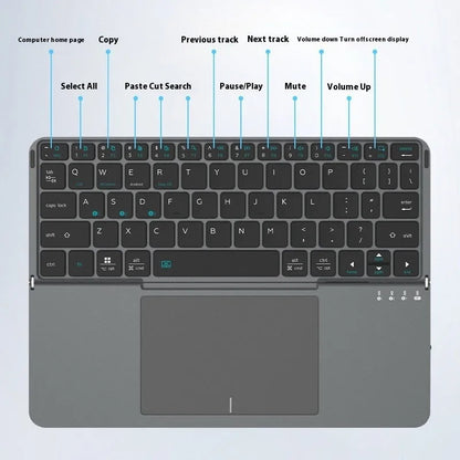 Gray wireless Bluetooth folding keyboard shown both folded to 15cm and extended to 30cm width