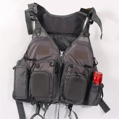 Grey fishing life jacket with reflective strips, multiple pockets, and adjustable buckle straps for water safety.