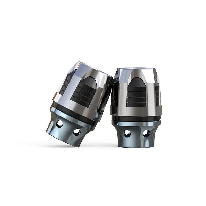 A pair of aluminium alloy fork cups with an anodised coloured finish, for motorcycle or electric car front axles.