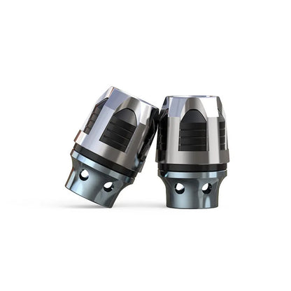 A pair of aluminium alloy fork cups with an anodised coloured finish, for motorcycle or electric car front axles.