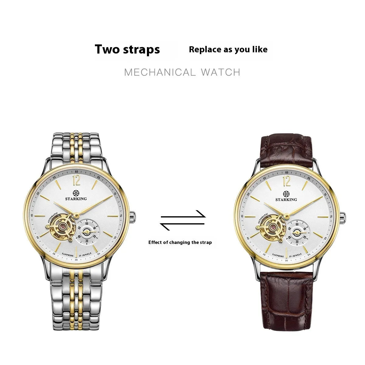 Automatic mechanical men's business watch with brown leather strap and circular dial showing 11mm thickness