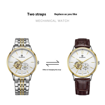 Automatic mechanical men's business watch with brown leather strap and circular dial showing 11mm thickness