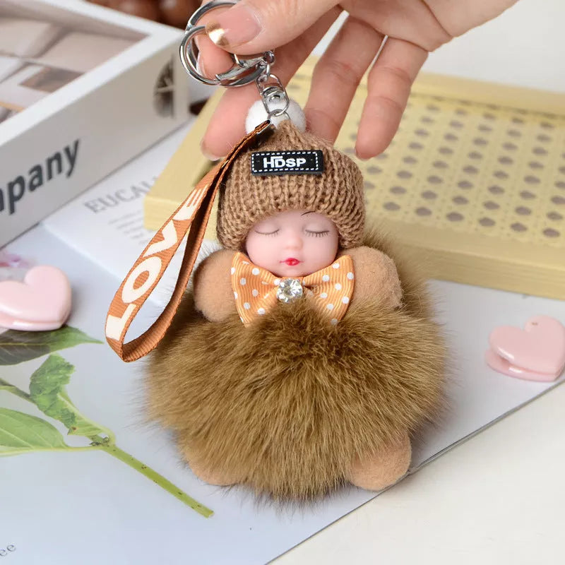 Hand-woven fox fur sleeping doll keychain pendant with optional bow