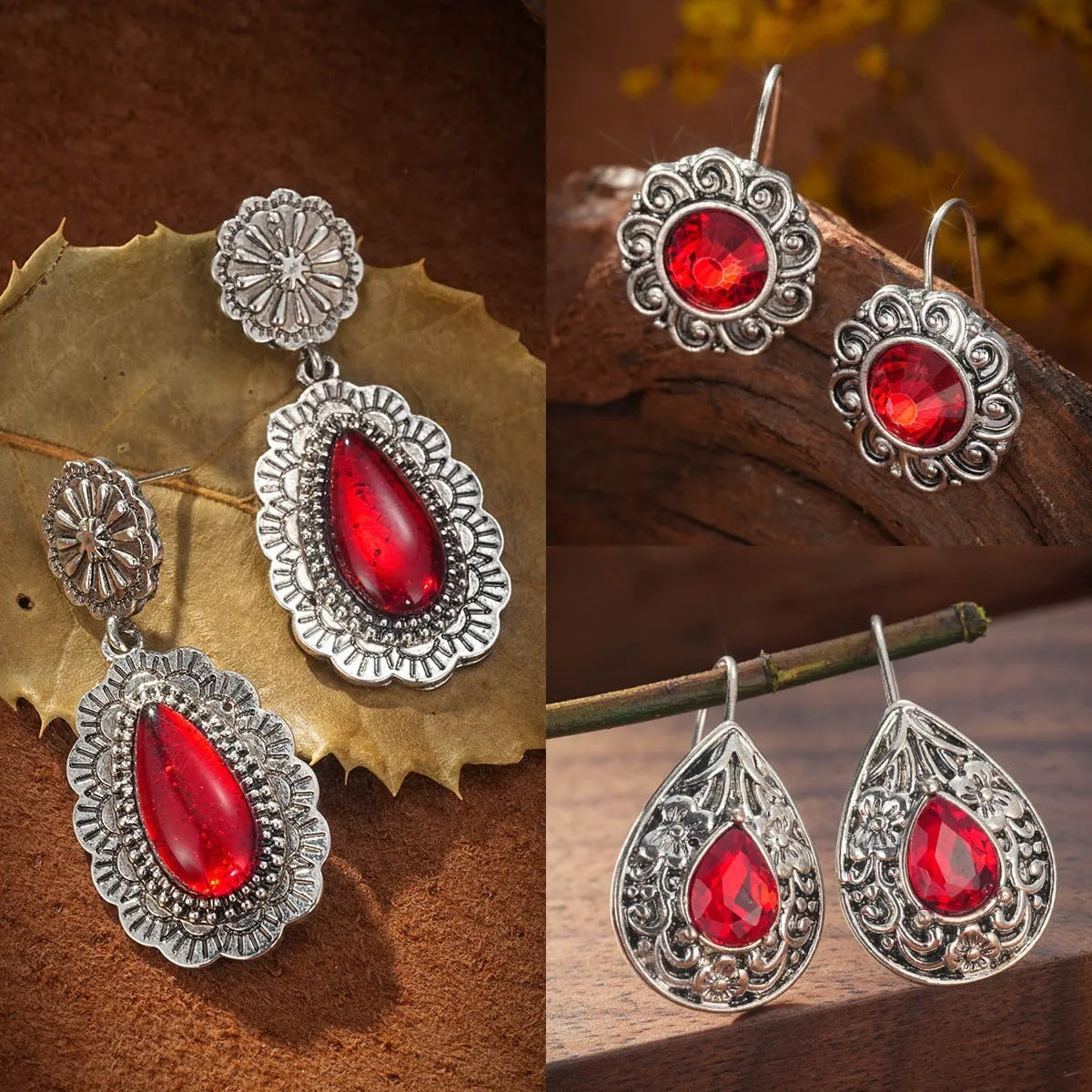 Pair of retro Bohemian carved drop earrings in red alloy for women, shown as a single pair