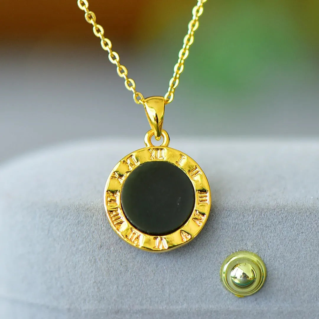 Flat grey Hetian Jade pendant with ink blue jade details and copper inlay on a necklace chain