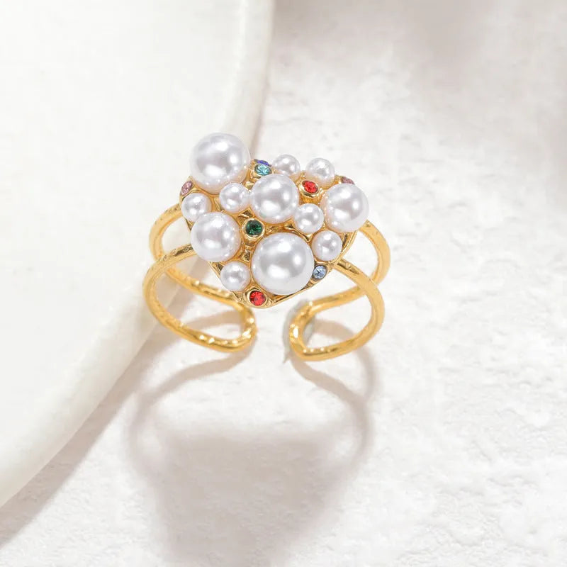 Women's stainless steel open mouth ring with pearl zircon detailing in round and heart-shaped style options