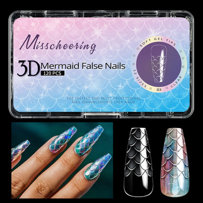 Professional 3D scale long shaping false nail tips in Frigate Box packaging for nail extensions.