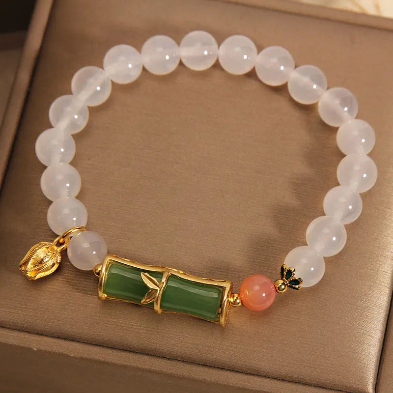 White agate and jade bamboo beaded bracelet for women with Chinese retro style.