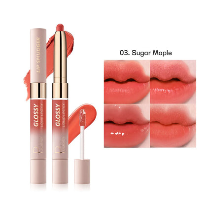 Double-headed lipstick and lip gloss case showing two applicators in 10 colour shades