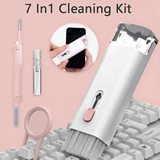 Multifunctional white cleaning pen kit open to show silicone tip, brush, keycap puller, and spray bottle for electronics.
