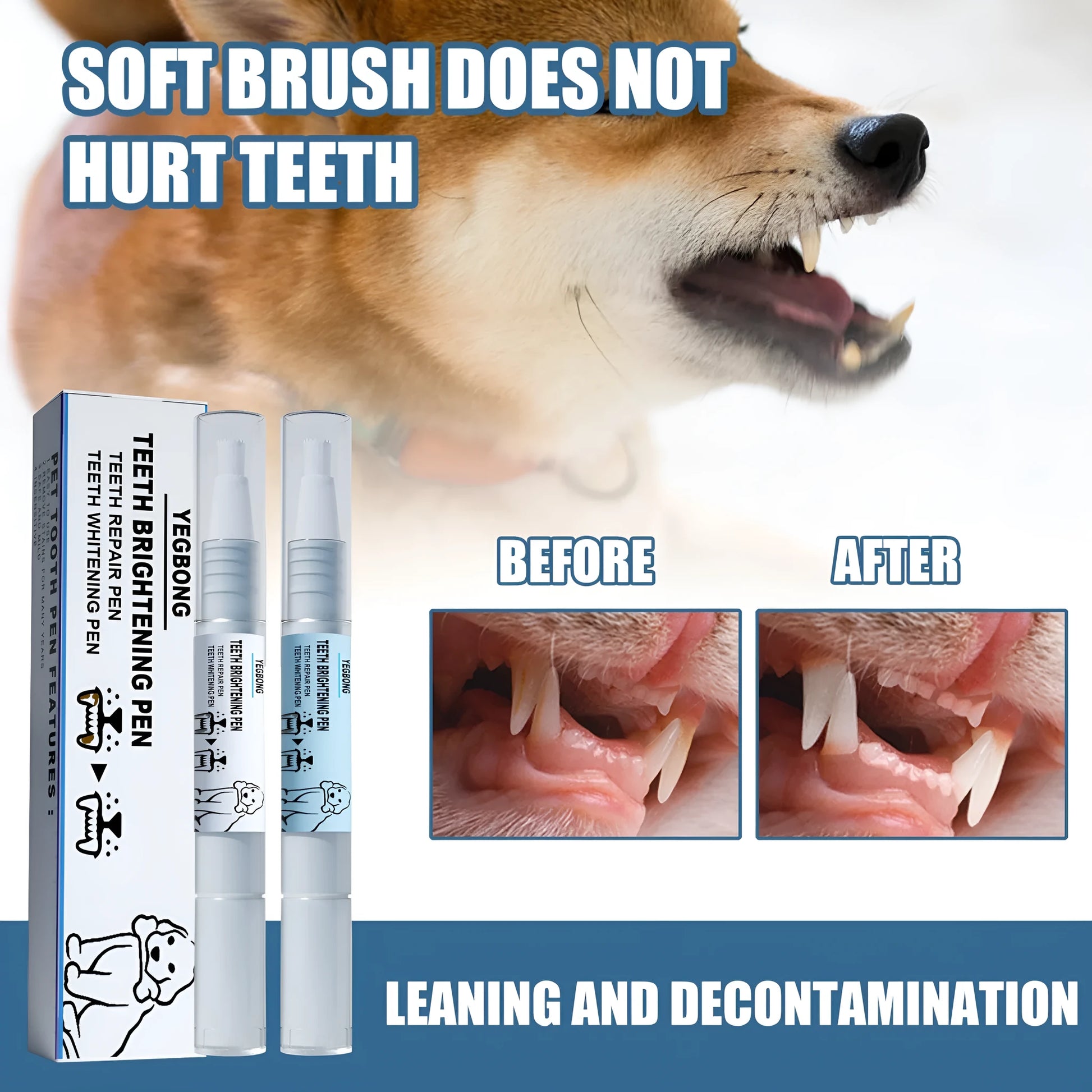 Pet teeth whitening pen with dental brushes for dog and cat tartar removal