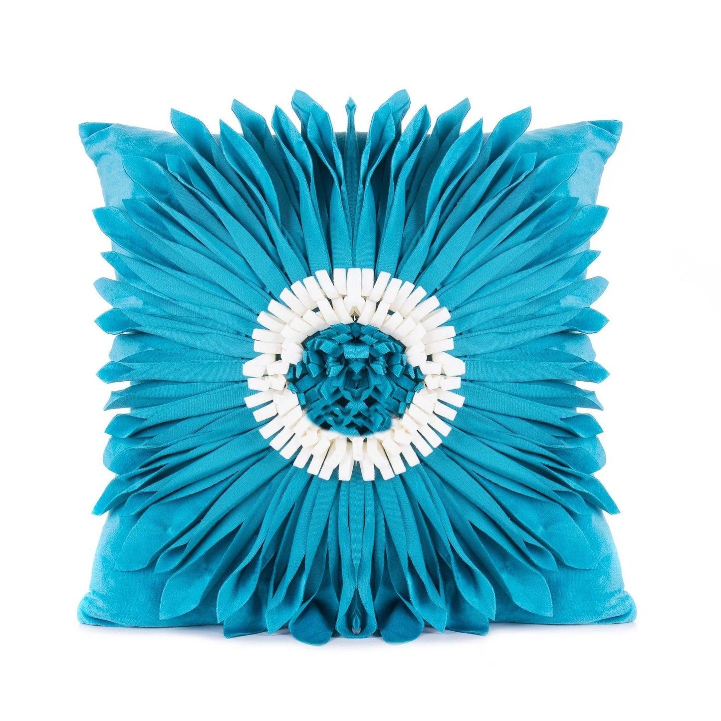 Stylish velvet throw pillows with 3D chrysanthemum embellishments in blue, yellow, pink, and white colors