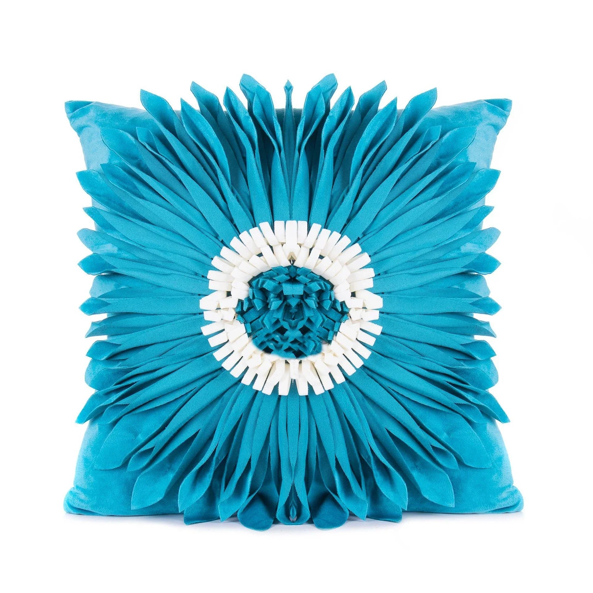 Stylish velvet throw pillows with 3D chrysanthemum embellishments in blue, yellow, pink, and white colors