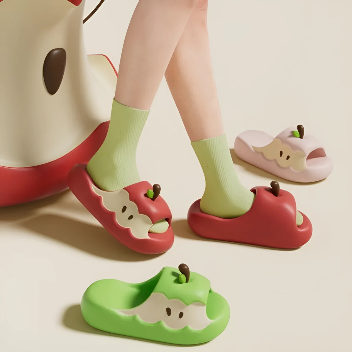 Cartoon fruit print EVA parent-child sandals in light pink colour, flip-flop style homewear slippers