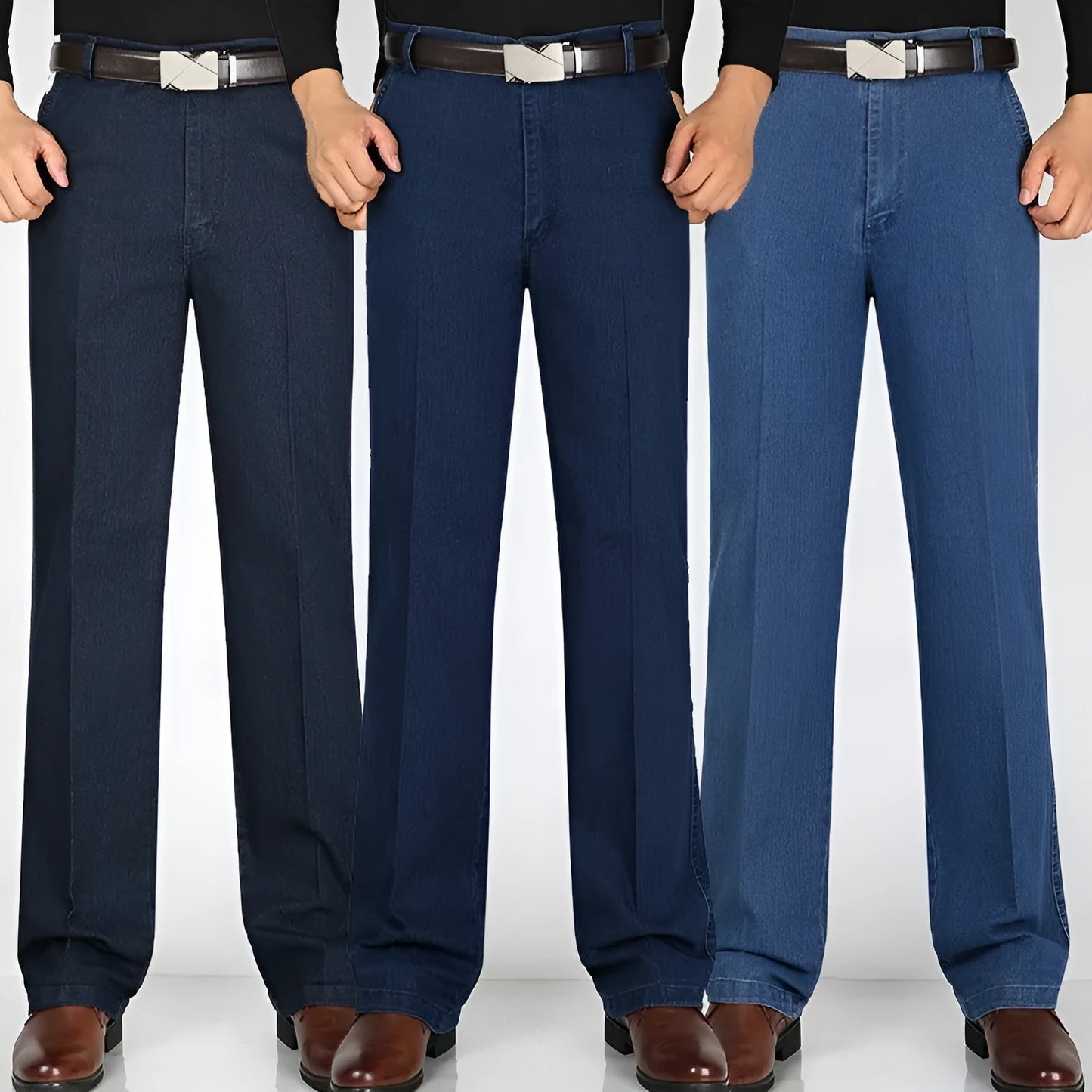 Men's high waist loose fit blue jeans on a hanger showing zip fly and casual style.