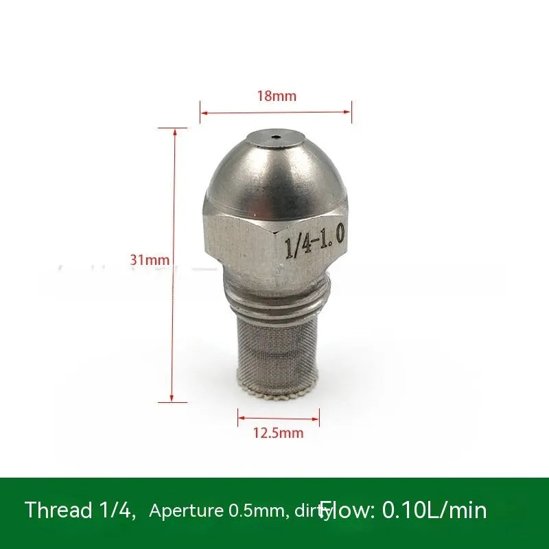 304 stainless steel high and low pressure atomising nozzle with external thread and filter.