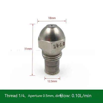 304 stainless steel high and low pressure atomising nozzle with external thread and filter.