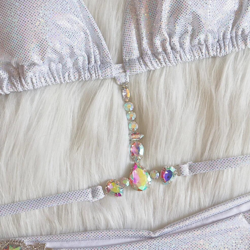 Halter bikini set with adjustable ties and metallic glitter finish in silver, blue, gold, or green