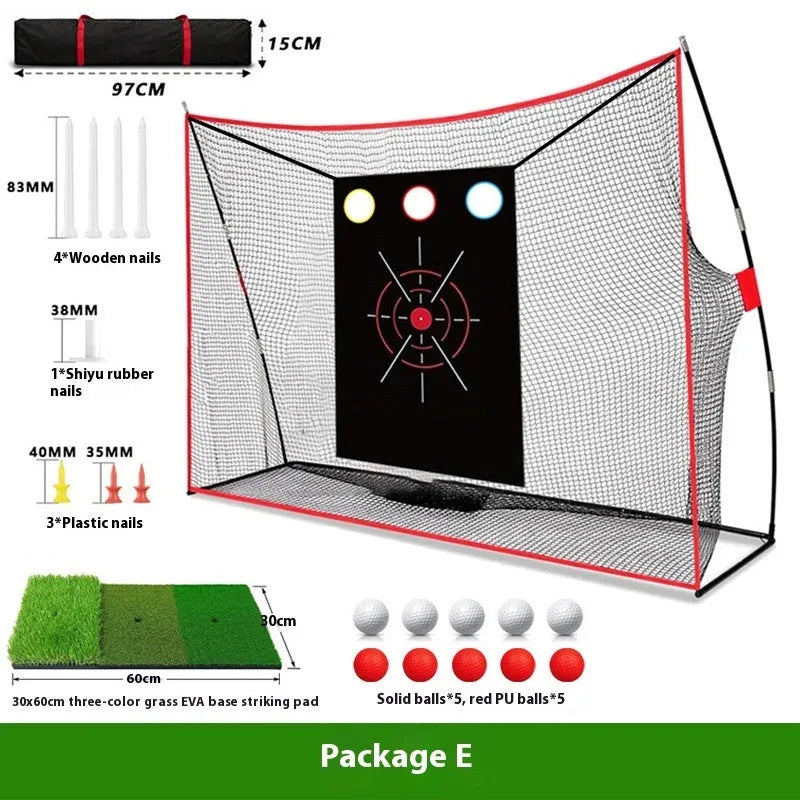 Swing wedge training golf net with three target holes, artificial turf mat, and red and white practice balls on grass.