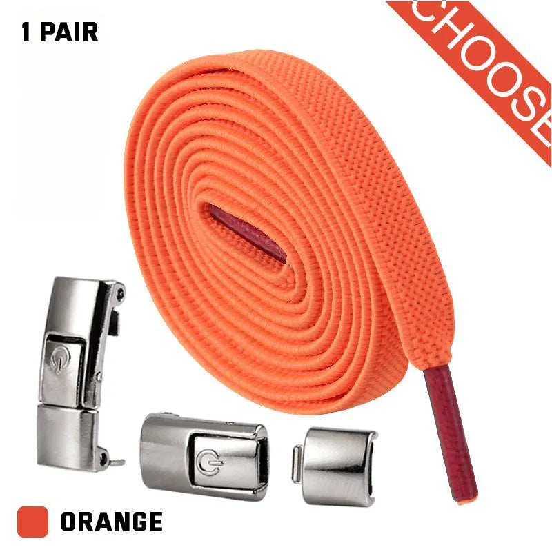 A pair of black widened flat elastic shoelaces with a silver press lock buckle on a white background.