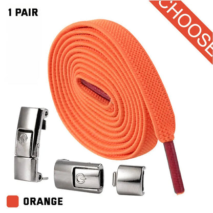 A pair of black widened flat elastic shoelaces with a silver press lock buckle on a white background.