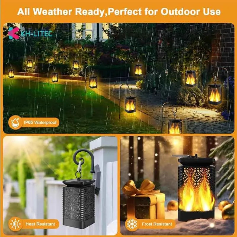 Black solar hanging flame torch light with flickering LED for garden decoration