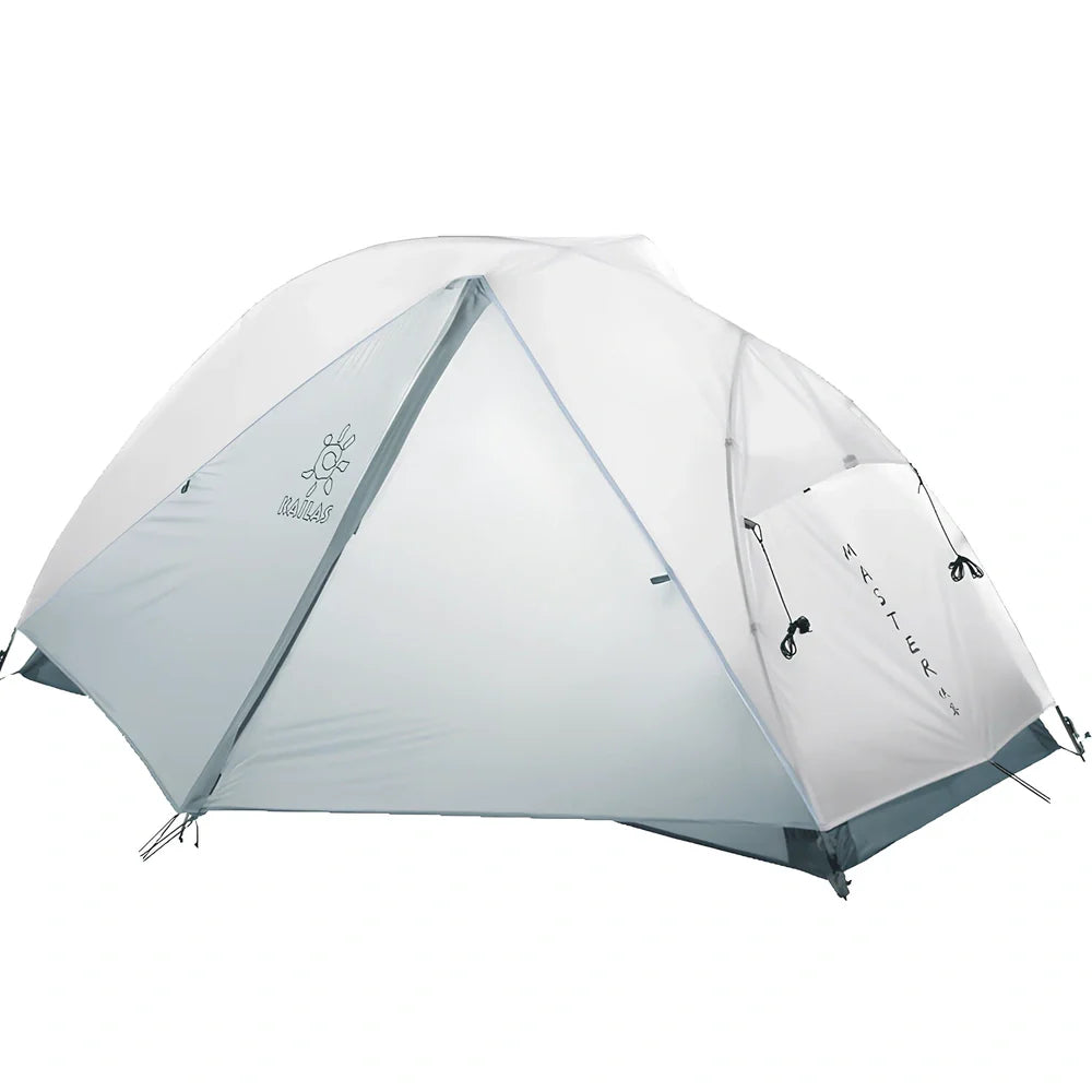 White double-layer camping tent with aluminium frame, side ventilation windows, and waterproof bottom