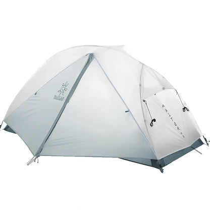 White double-layer camping tent with aluminium frame, side ventilation windows, and waterproof bottom