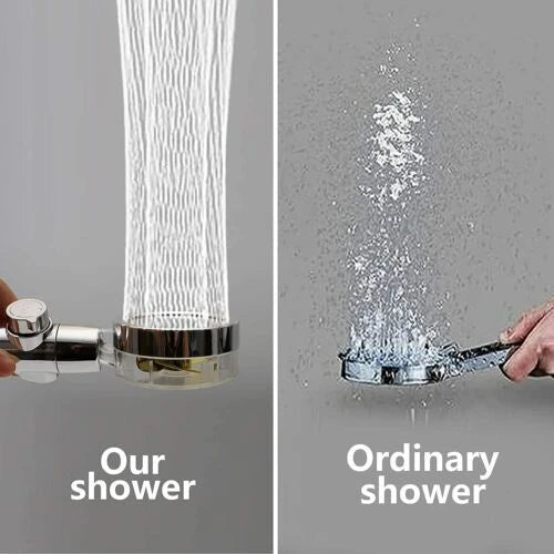 A modern, minimalist showerhead with a sleek design and high-pressure water flow for a refreshing shower experience