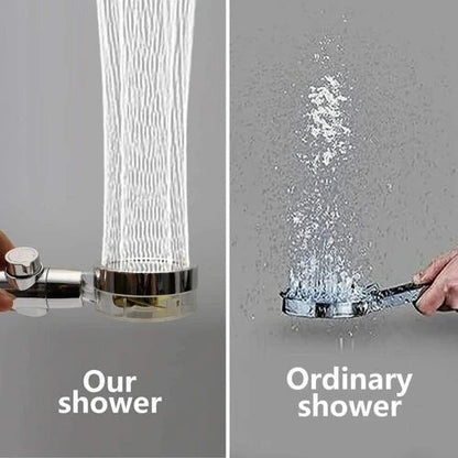A modern, minimalist showerhead with a sleek design and high-pressure water flow for a refreshing shower experience