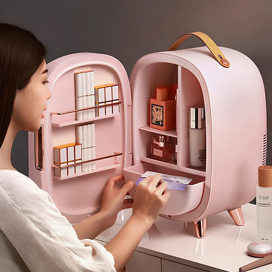 Pink makeup refrigerator with 13-litre capacity for cosmetic storage measuring 440mm wide