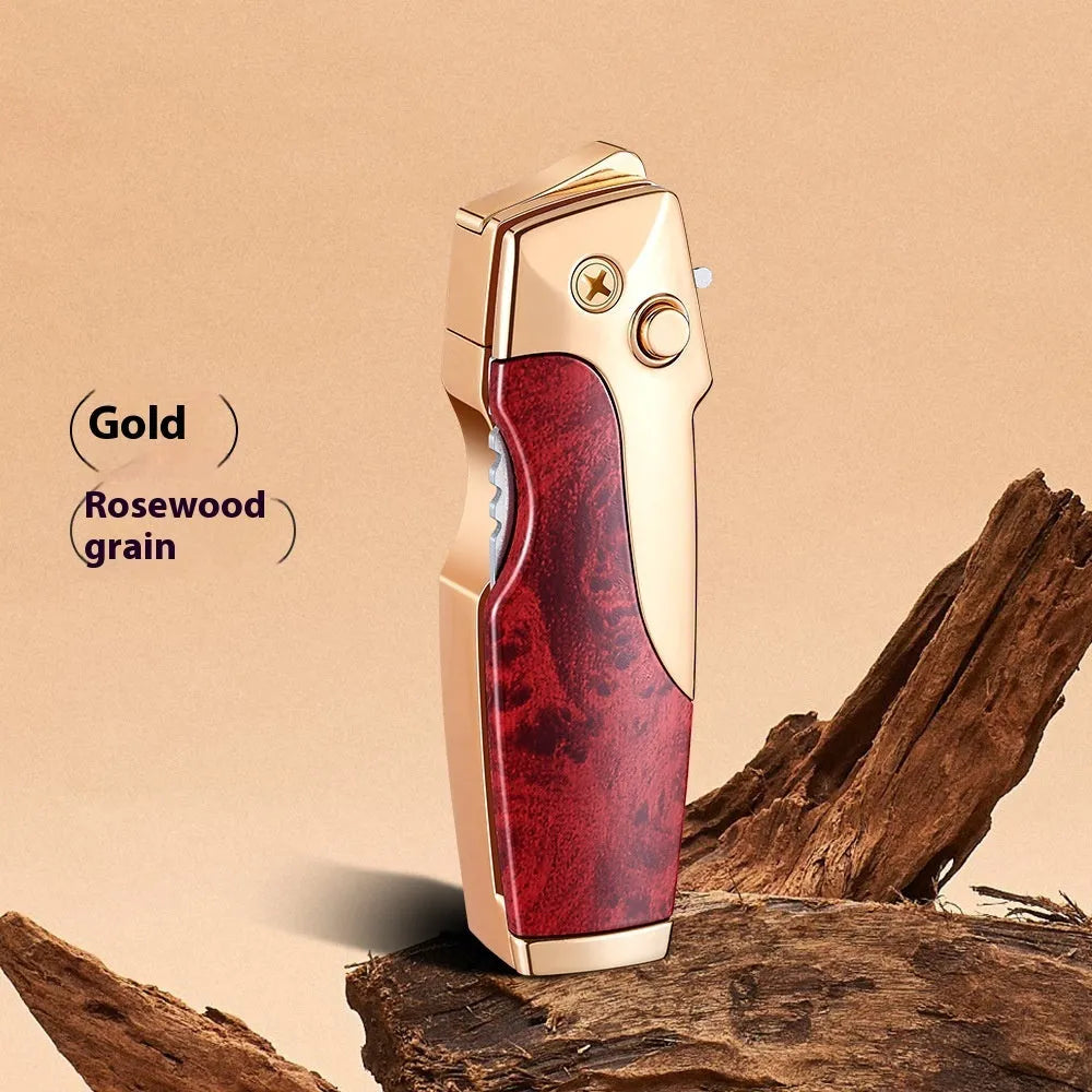 Metal folding lighter with integrated knife showing zinc alloy construction and safety lock mechanism