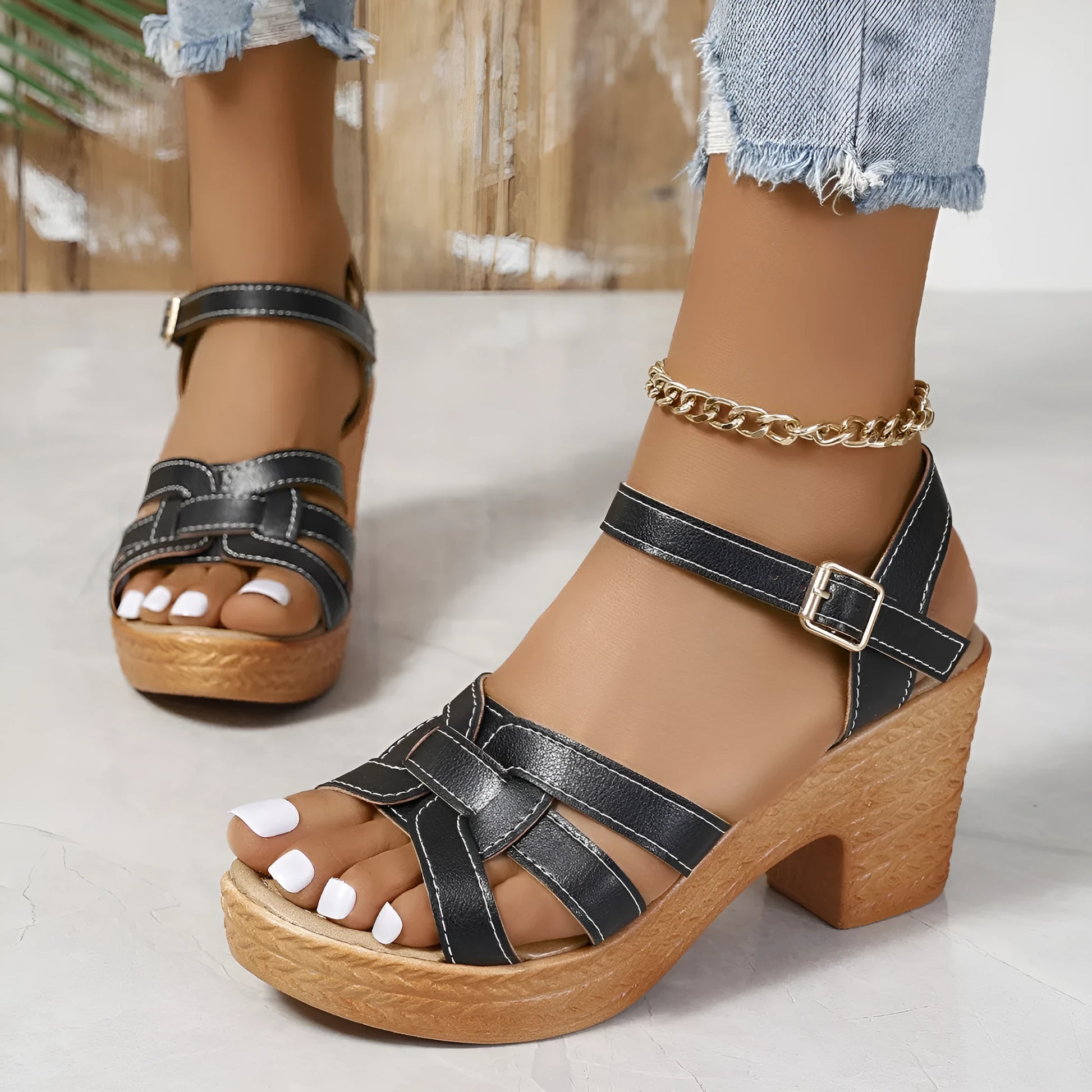 Plus size women's black peep toe sandals with chunky heel and buckle ankle strap