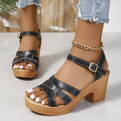Plus size women's black peep toe sandals with chunky heel and buckle ankle strap
