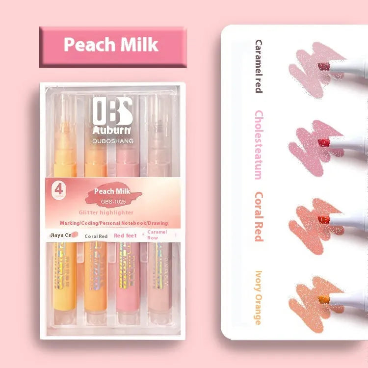 Sparkling Star River Highlighter set with 4mm slanted tip and glitter ink in six shades including taro puff and mung bean smoothie.