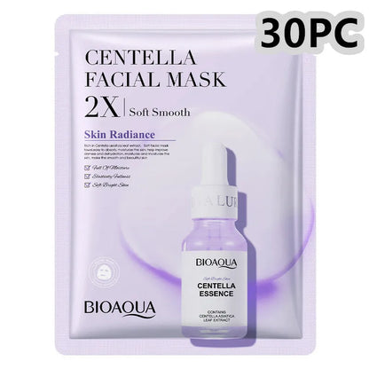 Collagen and hyaluronic acid facial sheet mask set with four variant packages showing 30g gel masks