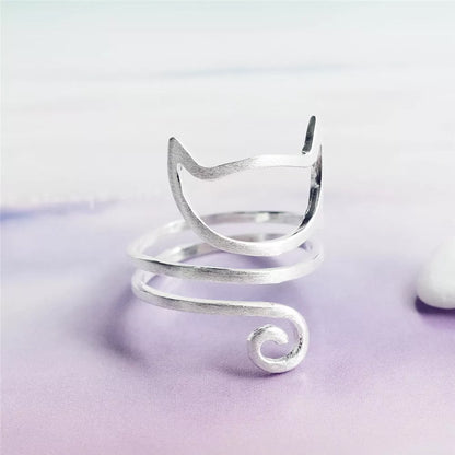 S925 Silver Personalized Winding Brushed Cute Cat Ring with adjustable opening