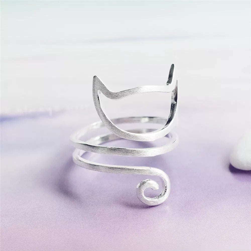 S925 Silver Personalized Winding Brushed Cute Cat Ring with adjustable opening