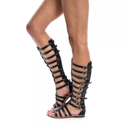 Women's Roman Gladiator Sandals with open toe and belt buckle design in black and gold