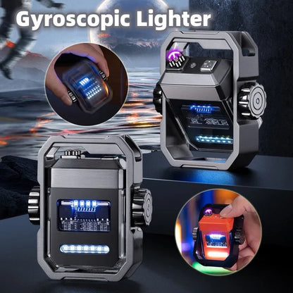 Pulse Lighter showing double arc flame, mechanical gyroscope, and folding zinc alloy body in blue colour