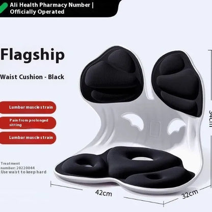 Grey lumbar support cushion on office chair showing 5cm thickness and ergonomic curve for lower back