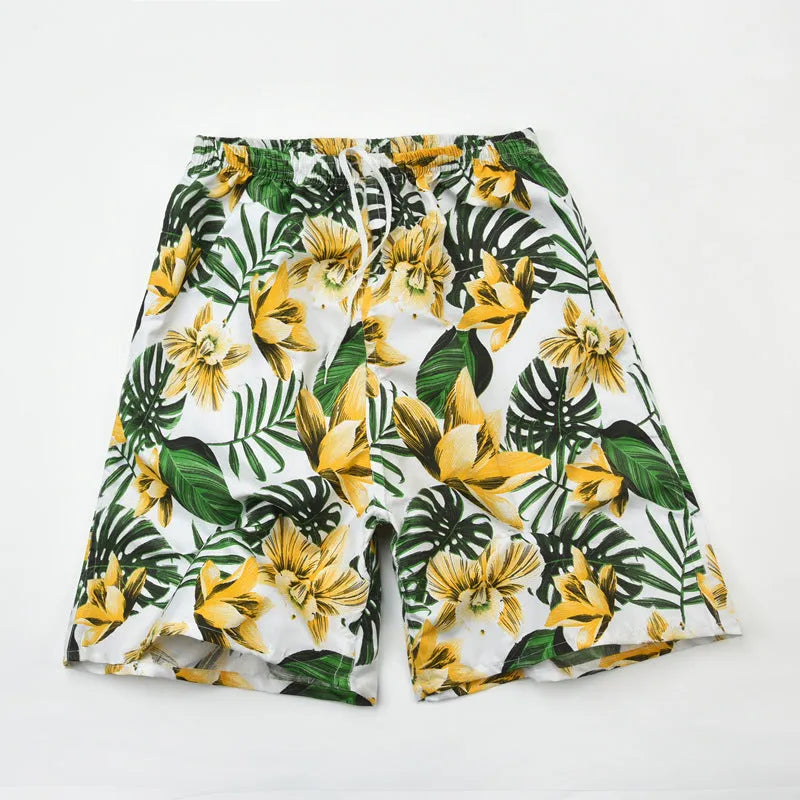 Men's floral printed swimming trunks in polyester fabric showing multiple pattern options for beach and pool use